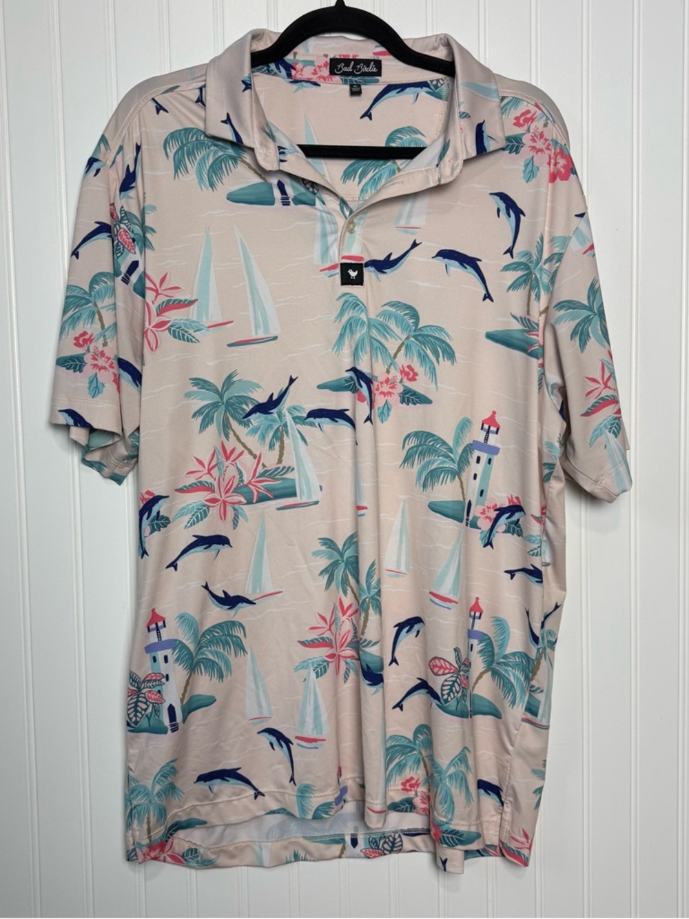 Bad Birdie XL Tropical Dolphin Golf Polo | Performance Stretch Palm Tree Beach